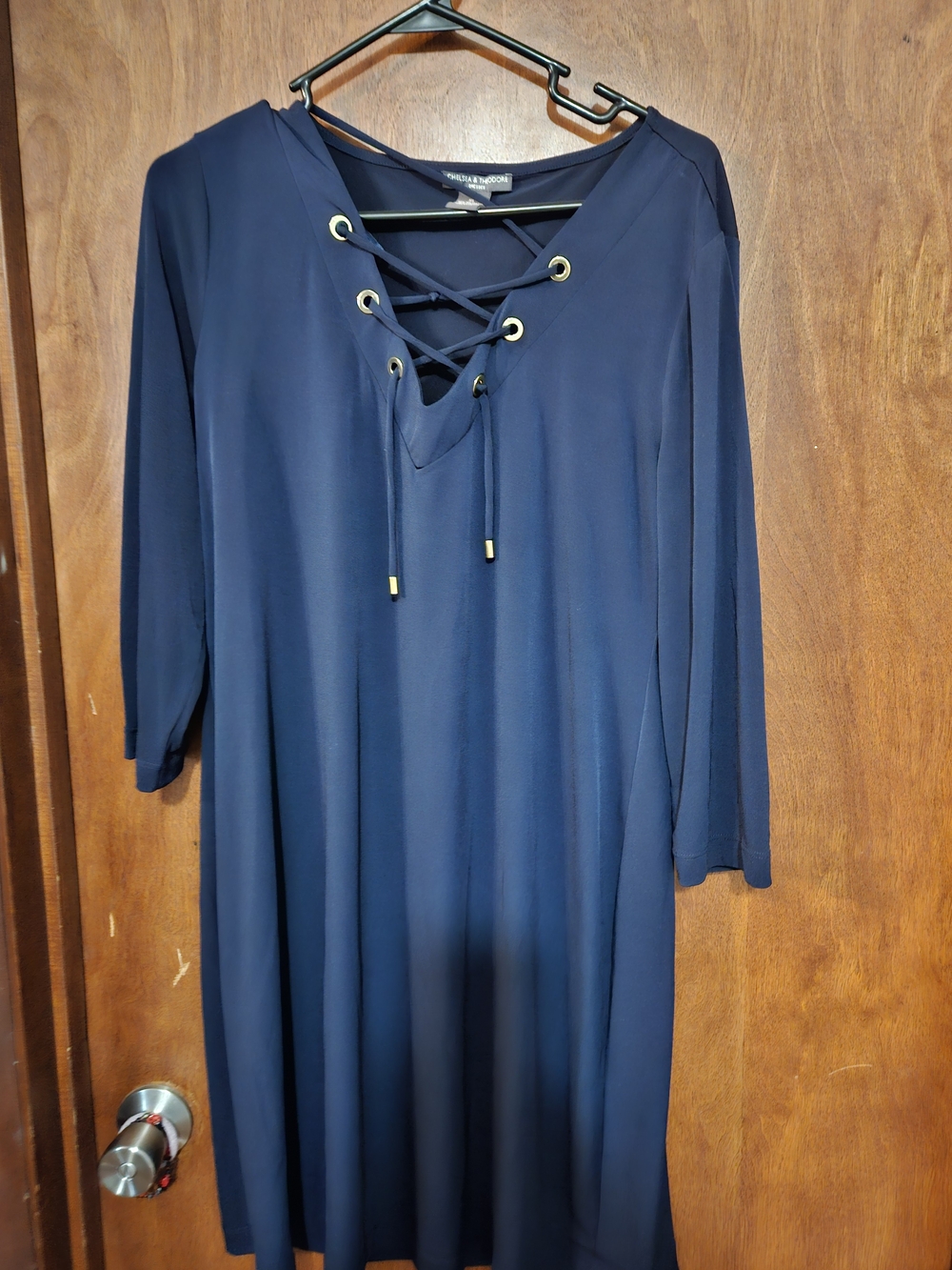Chelsea & Theodore Navy Lace-Up V-Neck Long Sleeve Dress
